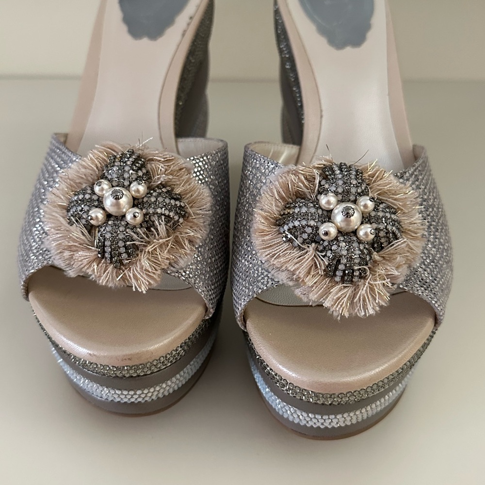 Rene Caovilla Silver Heels with Embellished Floral Design
